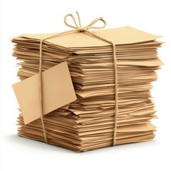 stack of recycled paper tied with twine, symbolizing reduced waste, isolated on a clean white background