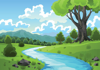 Obraz premium River landscape with green hill, grass tree and clouds on sky. Beautiful scene with river flowing through hills, green fields and forest. Vector illustration