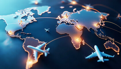 Air cargo logistics paths on an atlas. Generative AI.	  Generative AI.
