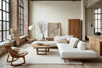 A living room with a white couch, a coffee table, and a chair
