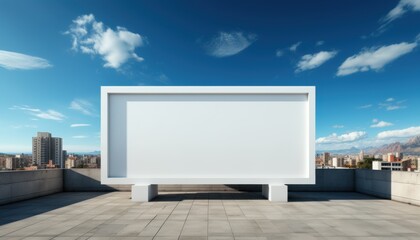 A large white billboard sits on a rooftop in a city