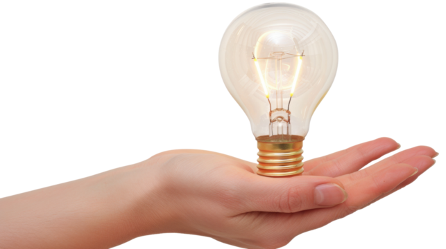 Woman holding a lit light bulb in open palm on transparent background