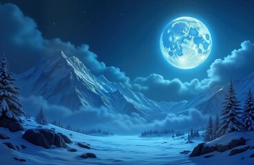 Mystical snowy mountain landscape under luminous blue moon. Snowy peaks, forests illuminated by ethereal moonlight. Cold winter night atmosphere. Scenic beauty in snowy wilderness. Majestic nature