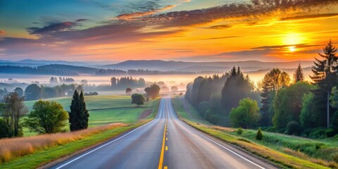 Fototapeta premium Early morning sunrise over a rural landscape with asphalt highways stretching out into the distance, lined with tall trees and rolling hills , dawn sky, natural beauty