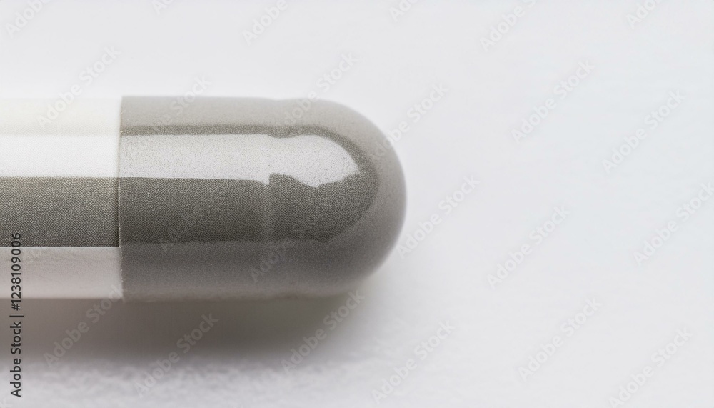 Poster a single gray pill capsule lies on a clean surface, emphasizing its form and texture.
