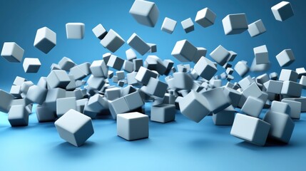 Abstract 3D rendering of many light gray cubes falling and scattering on a blue background.