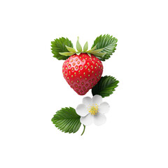 Ripe red strawberry with green leaves and white flower on a transparent background Concept of fresh fruit, healthy eating, and summer harvest