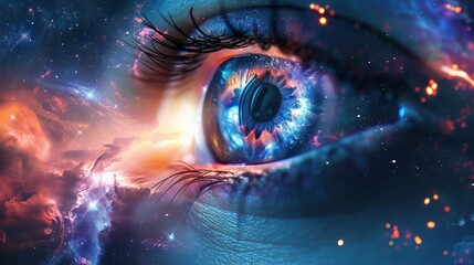 Stunning close-up of a human eye reflecting the vast cosmos, with galaxies and stars shimmering in the iris, evoking wonder and exploration of the universe