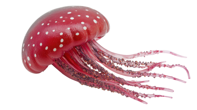 Red jellyfish swimming with white spots on transparent background