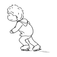 Hoodie teenage boy ice skating in knee bending post isolated drawing, ice skating cartoon outline illustration