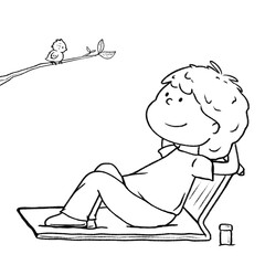 Boy lying down and watching bird doodle illustration, relax on beach chair drawing
