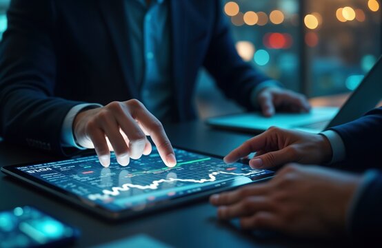 Businessmen analyze financial market data on tablet. Close-up view of two men in suits examining stock market indicators on digital tablet display. Touch virtual screen graph showing currency