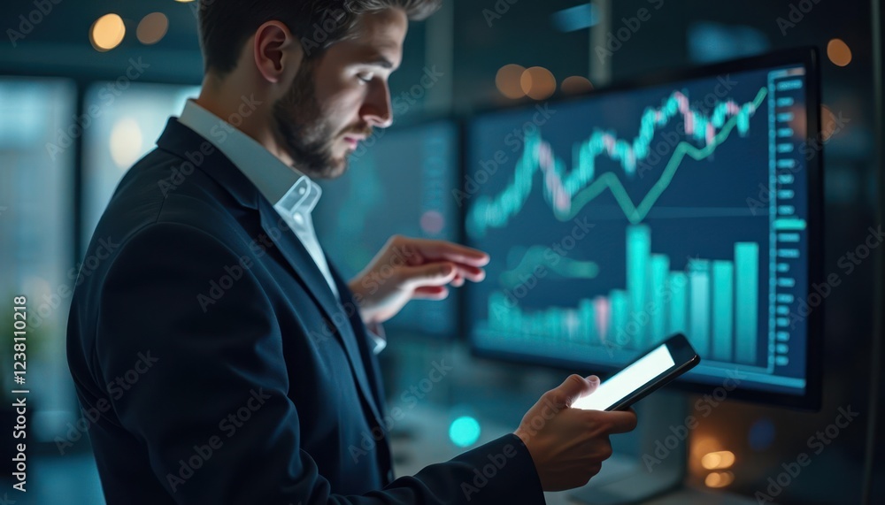 Aufkleber focused trader analyzing financial data on multiple screens