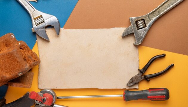 a blank sheet of paper is surrounded by various tools including wrenches, pliers and screwdrivers.  the tools are laid out on a colorful background.  - Powered by Adobe