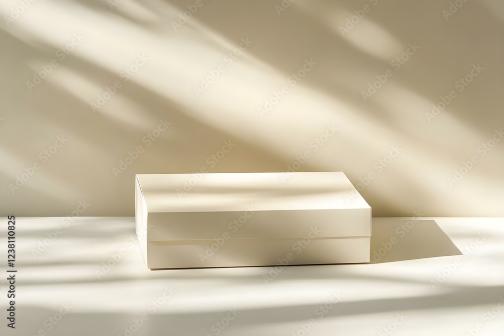 Aufkleber a minimalist cream-colored box on a light surface, softly illuminated with shadow patterns from natu