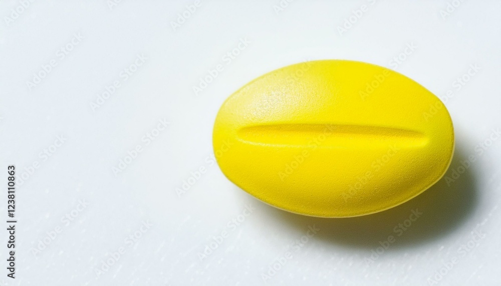 Poster a close-up shot of a single yellow pill, showcasing the detail of its shape, texture and score line.