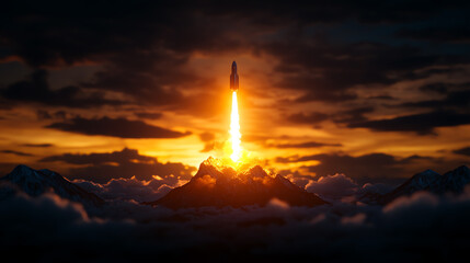 A rocket ship ascending from a glowing mountain peak, symbolizing ambitious goals, Realistic Photo Professional photography, Warm, soft directional lighting with diffused shadows,