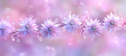 Delicate Pink Flowers with Water Drops on a Soft Focus Background, Spring Floral Backdrop