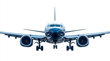 Naklejka premium Front view of a modern commercial airplane showcasing sleek design and powerful engines, conveying speed and efficiency against a bright white background
