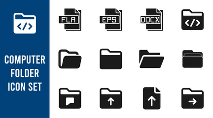 Computer Folder Sign Set Vector Design, black flat vector symbol .