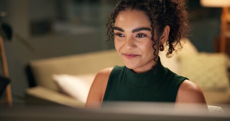 Smile, online and computer with business woman in office for art director, viral media campaign and...
