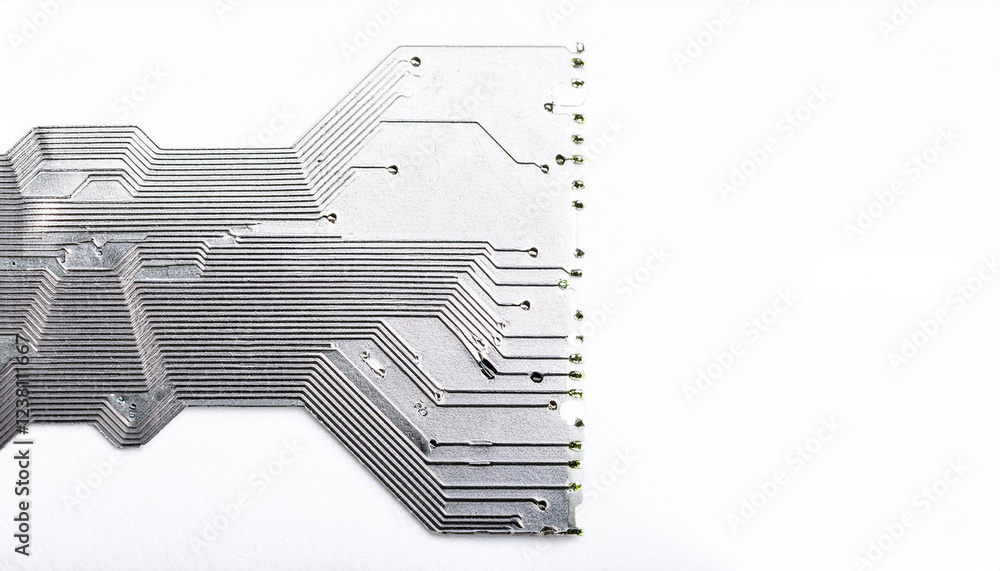 Poster close-up of a metallic circuit board, showcasing intricate circuitry and connectors. the image highl