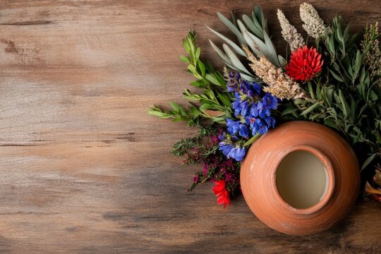 Rustic Elegance Traditional Namibian Clay Pot with Vibrant Flowers for Namibia Independence Day and Spring Decor Sustainable Event Styling in Cultural Celebrations