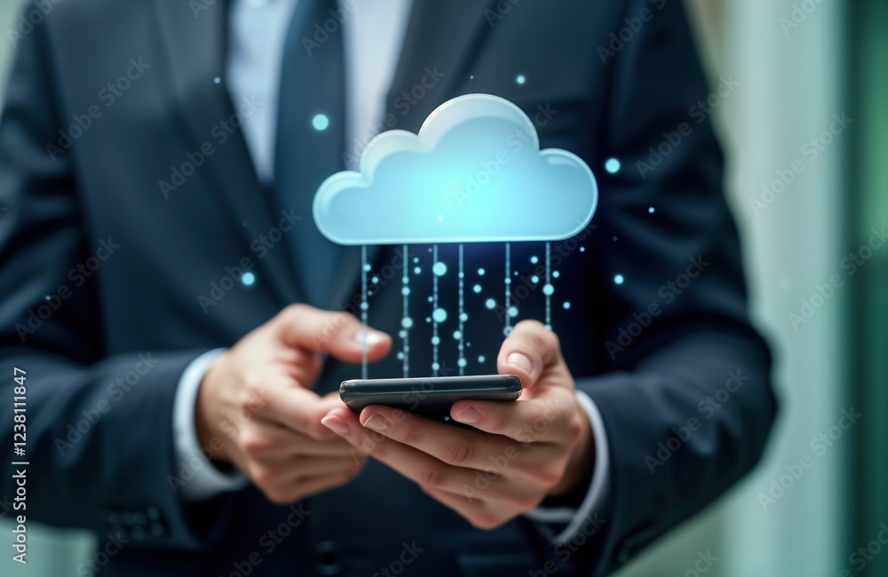 Poster businessman uses mobile device interacting with virtual cloud computing graphic. modern tech concept