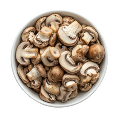 Fototapeta premium Fresh brown cremini mushrooms in a white bowl, top view, on a transparent background Concept of healthy eating, vegetarian food, and cooking ingredients
