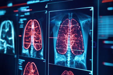 Artificial intelligence in medical detection. Close up of x ray image showing detailed lung structures processed by AI technology, highlighting intricate vascular patterns
