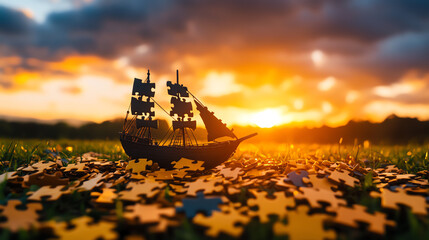 A ship made of puzzle pieces, symbolizing collaborative ventures, Realistic Photo Professional photography, Warm, soft directional lighting with diffused shadows,
