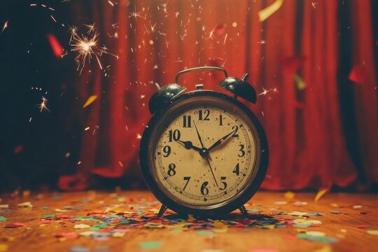 Vintage Alarm Clock Surrounded by Colorful Confetti and Sparkles Against a Red Curtain Background, Symbolizing Celebration and the Passage of Time