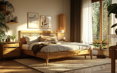 Stylish Scandinavian bedroom with wooden furniture, soft lighting, and natural decor