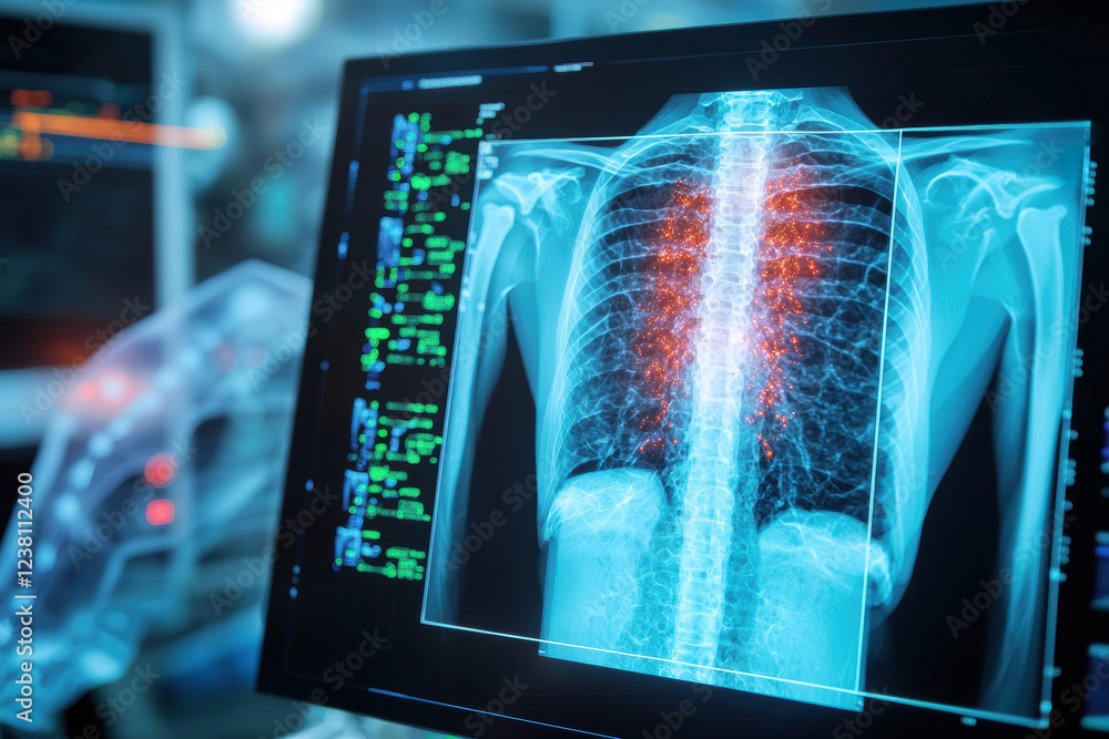 Poster artificial intelligence in medical detection. close up of x ray image being processed by advanced so