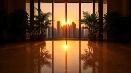 A skyscraper lobby with people entering, symbolizing business activity, Realistic Photo Professional photography, Warm, soft directional lighting with diffused shadows,