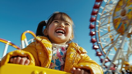 A joyful child enjoying a ride at an amusement park with a vibrant background.