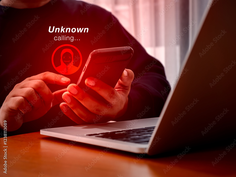 Aufkleber incoming call with unknown caller, malicious phone calls concept. scammer icon with unknown calling 