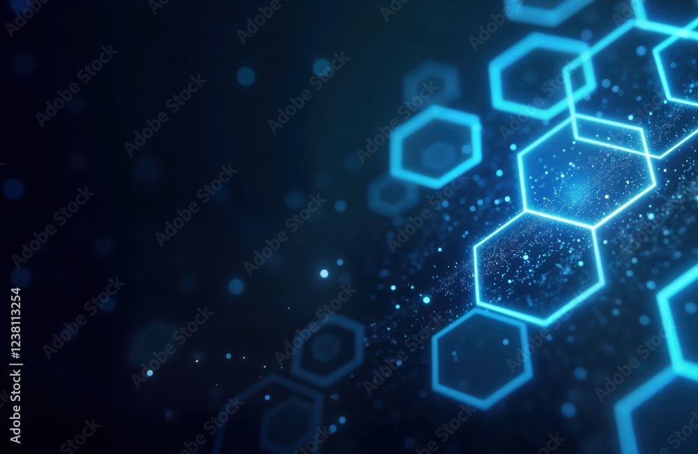 Poster abstract futuristic tech design with glowing hexagonal structures. blue hexagons form network patter