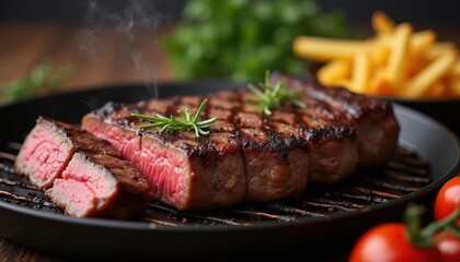 Sizzling Steak with Rosemary and French Fries