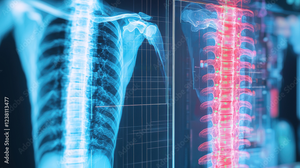 Aufkleber artificial intelligence in medical detection. x ray image displaying human skeleton with spine and r