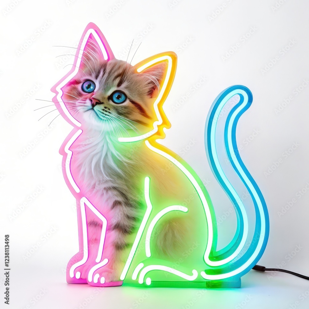 Poster Neon Light Kitten on a white background