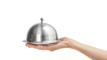 Waiter holding a silver platter with a lid on transparent background