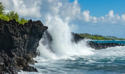 Obraz premium Dynamic Ocean Wave Splashing Against Coastal Rocks, Generative AI