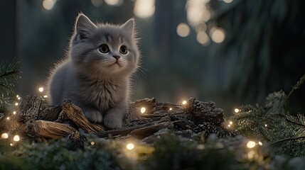 A curious gray kitten climbs on a stack of wood in a lush forest, surrounded by green trees on a warm summer day