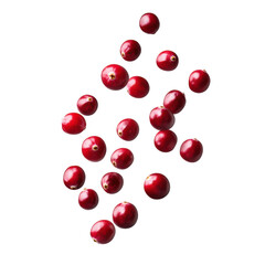 Fresh red cranberries floating on a transparent background, showcasing vibrant color and natural texture Concept of healthy eating, raw food, and seasonal fruit