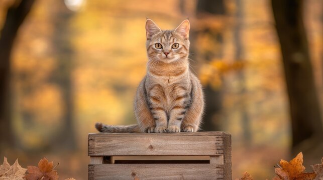 A curious gray kitten climbs on a stack of wood in a lush forest, surrounded by green trees on a warm summer day - Powered by Adobe