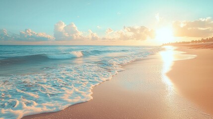 Fototapeta premium Soft light washes over the sandy beach, where gentle waves kiss the shore. The vibrant sky, filled with soft clouds, adds a serene touch as the day unfolds peacefully