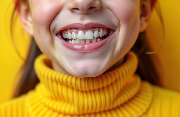 Girl with overbite shows teeth. Closeup child face. Smiling girl with open mouth. Healthy teeth, care. Pediatric dentistry concept. Possible dental issue. Girl wearing yellow turtleneck. Dental