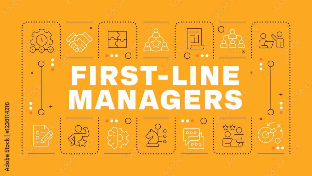 Poster first line managers orange word concept. foremen and section chiefs job. bottom level supervision. h