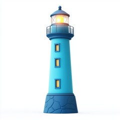tall blue lighthouse with a bright light at the top, placed on a clean white background